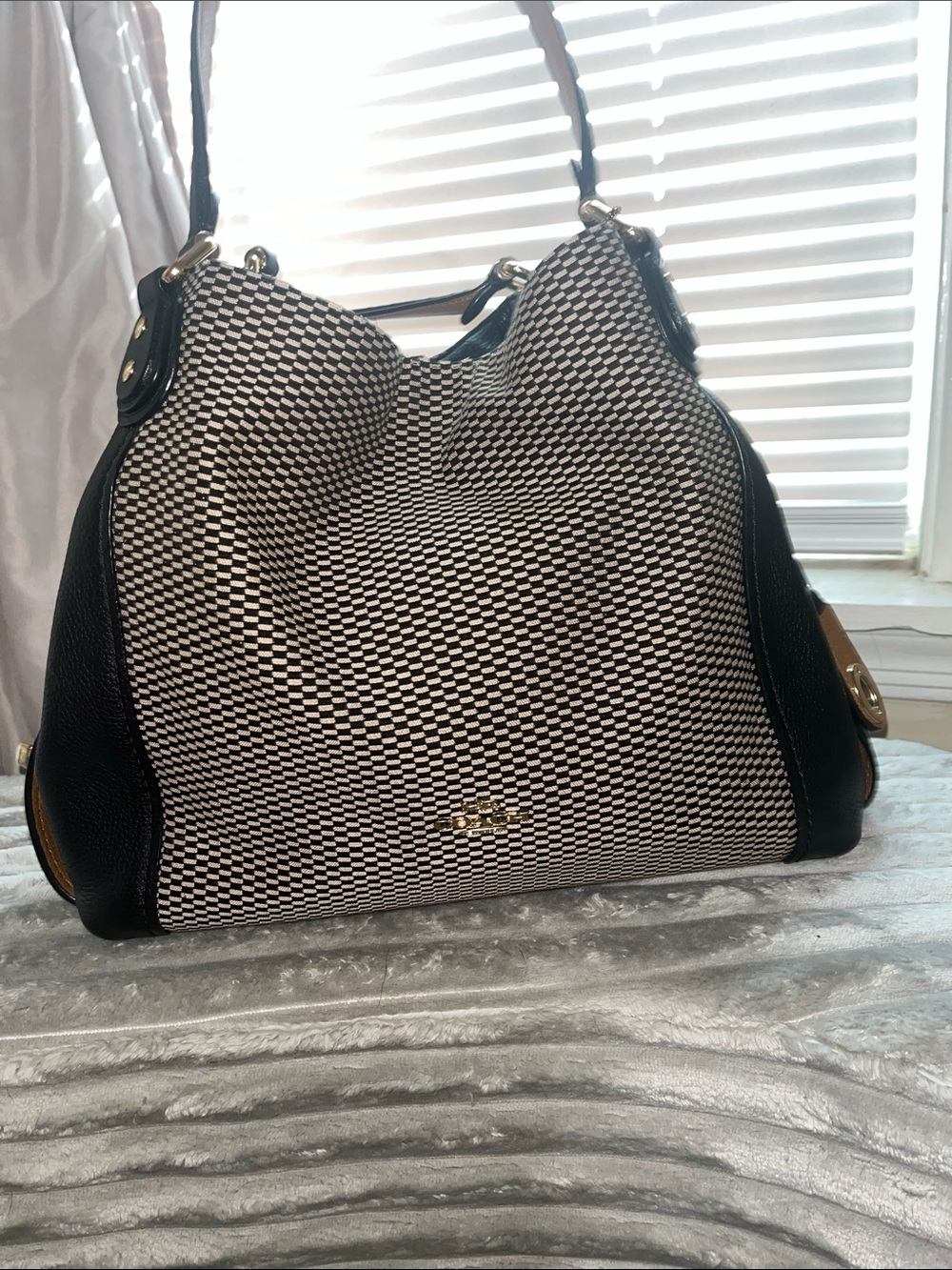 COACH Black & White Patterned Tote Bag with Black Trim